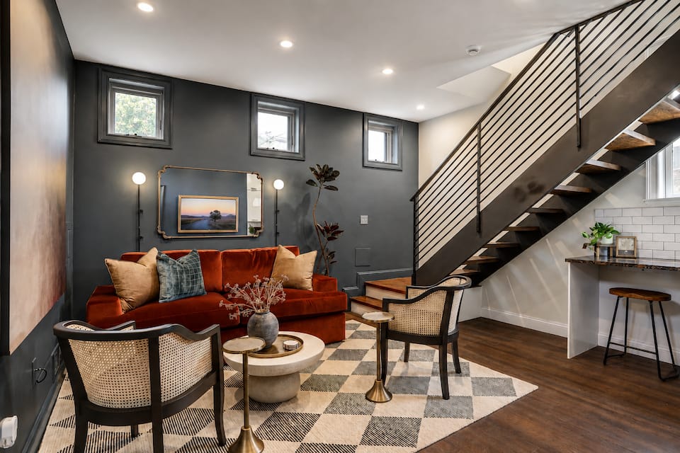 Living room and open stair at the Carriage House