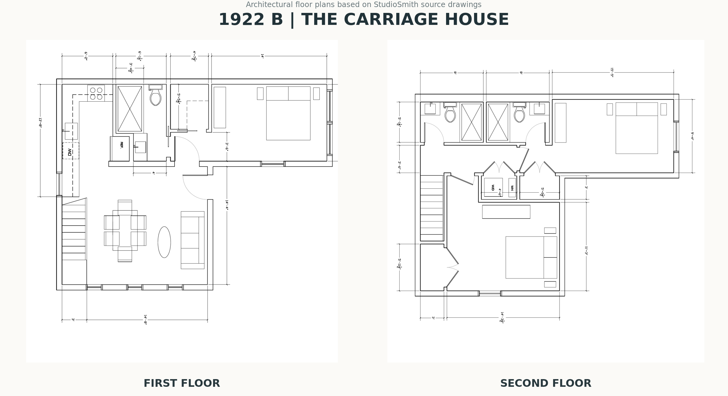 Carriage House first- and second-floor architectural plan with dimensions